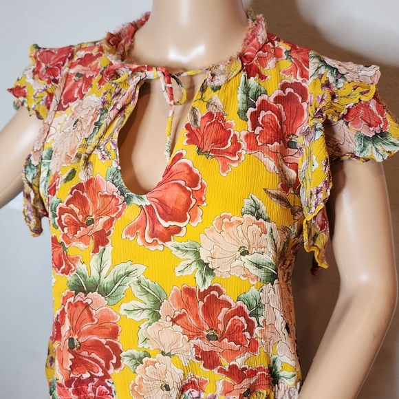 Anthropologie Dolan Silk Ellory Yellow Floral Midi flutter sleeve dress. S. New. - Picture 9 of 16